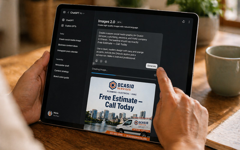 central florida small business owner reviewing a week of ai generated social media graphics scheduled on her tablet