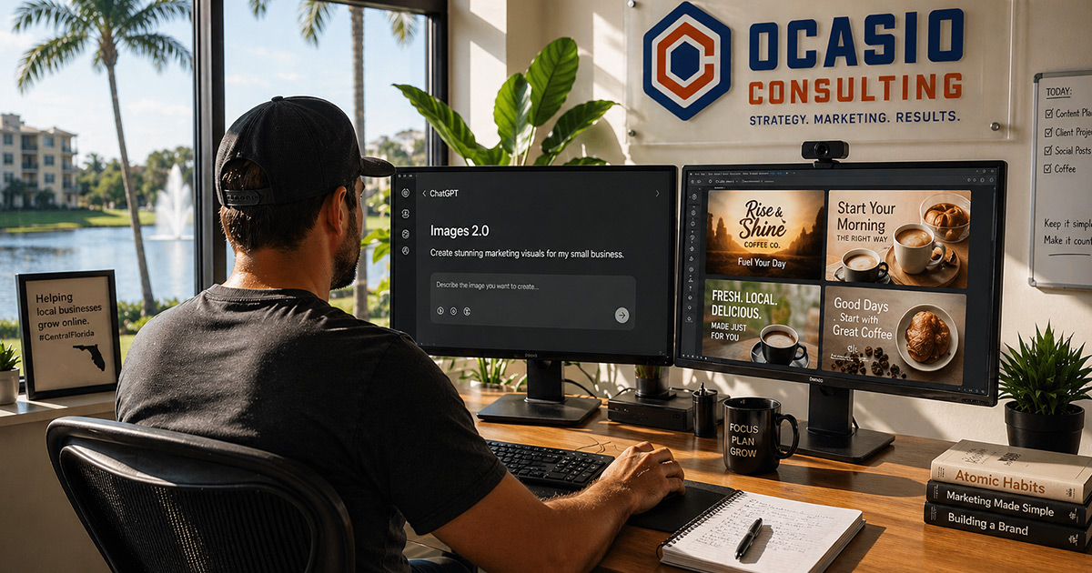 small business owner in orlando working on his chat gpt 2 graphics