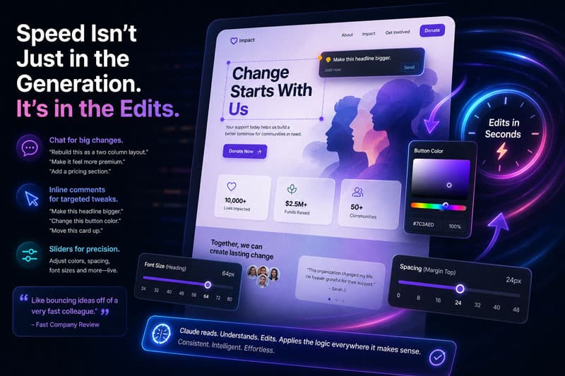 Abstract UI visualization of AI-powered design editing workflow showing inline comments, real-time sliders for color and spacing adjustments, and rapid interface updates, illustrating fast collaborative design iteration.