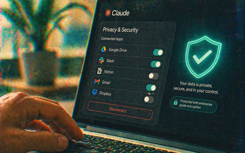 Close up of a laptop screen showing Claude AI privacy and security settings with connected app toggle switches and a green shield checkmark icon