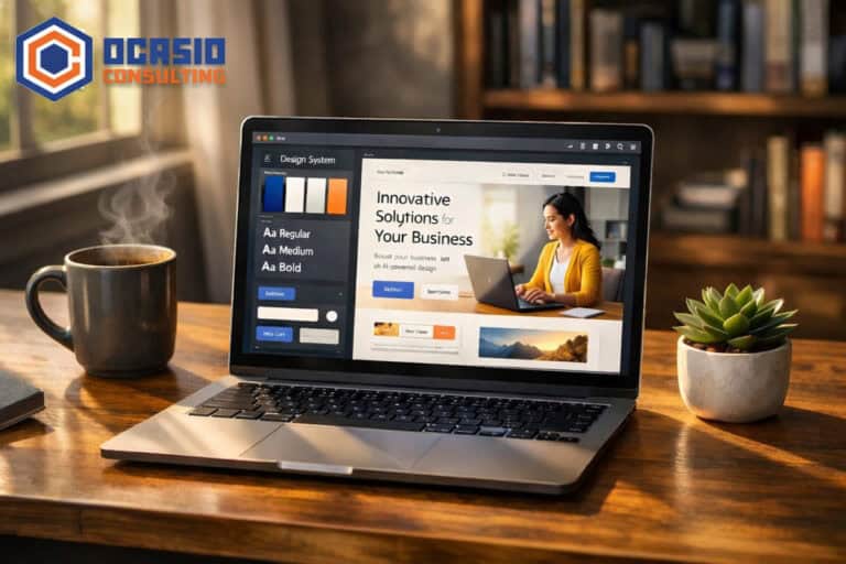 Claude Design review workspace showing an AI generated design system with color palette, typography, and prototype components on a laptop screen in an Orlando home office