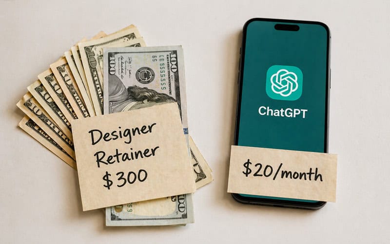 Visual comparison of freelance designer cost versus ChatGPT Images 2.0 Plus subscription cost for small business marketing
