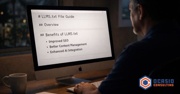 Small business owner adding an llms.txt file to their website on a laptop in a modern Orlando Florida office
