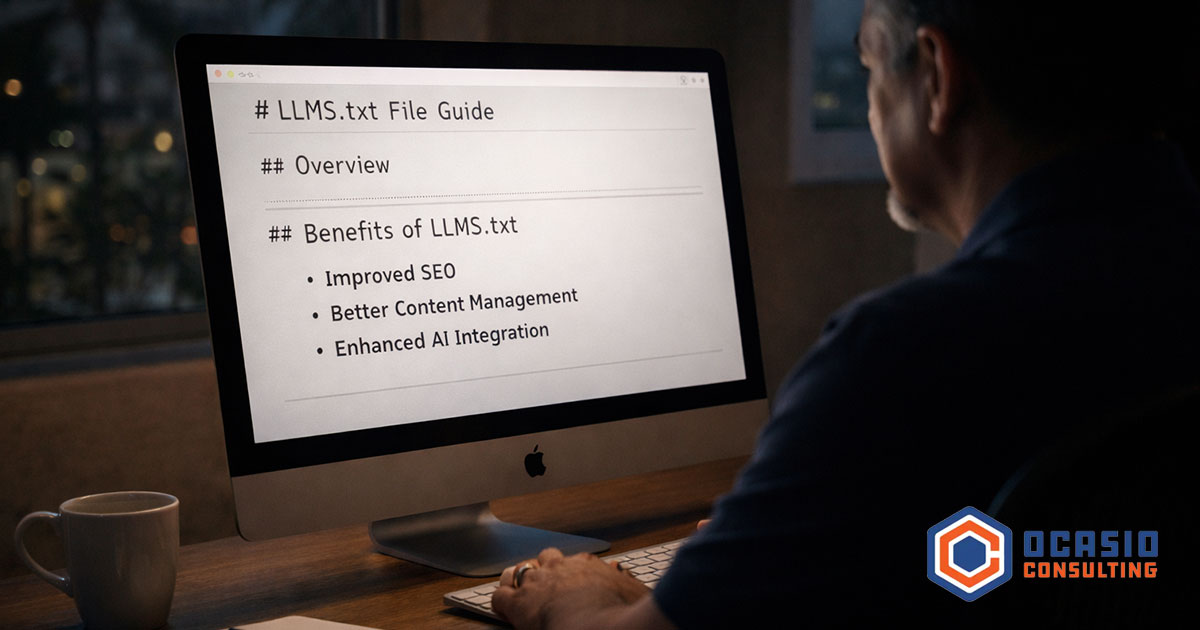 Small business owner adding an llms.txt file to their website on a laptop in a modern Orlando Florida office