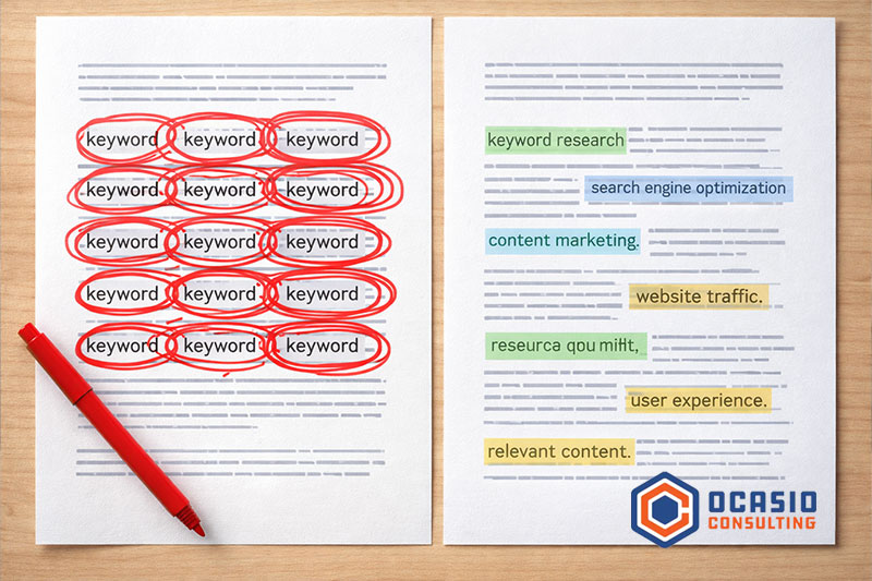 Keyword stuffing marked in red versus natural topic coverage highlighted in multiple colors