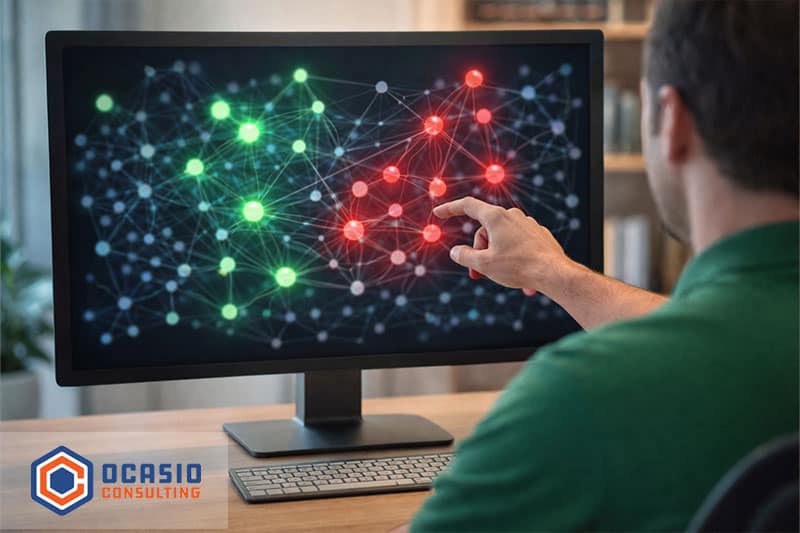 SEO professional analyzing backlink profile with spam and high-quality links on monitor