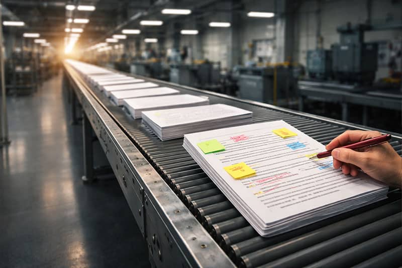 AI content factory conveyor belt with identical documents and one uniquely hand-edited page