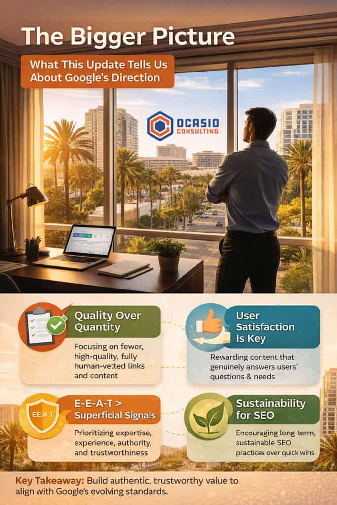 Business owner looking out office window at Orlando skyline reflecting on SEO strategy and Google direction