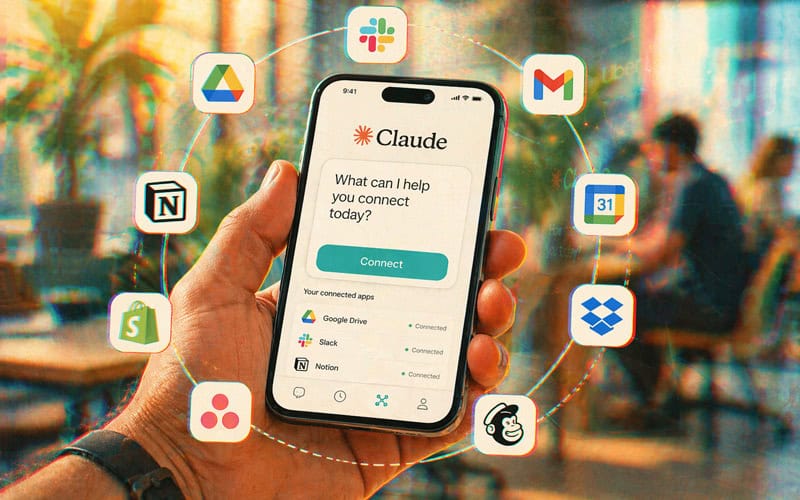 Smartphone displaying Claude AI connector interface with app integration icons arranged in a circle around the screen
