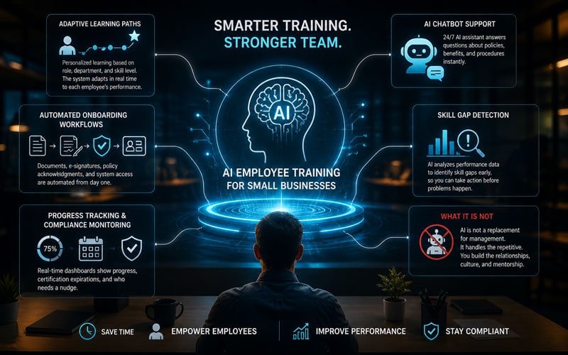Abstract AI employee training interface showing adaptive learning paths, automated onboarding workflows, chatbot support, and real-time performance tracking for small businesses