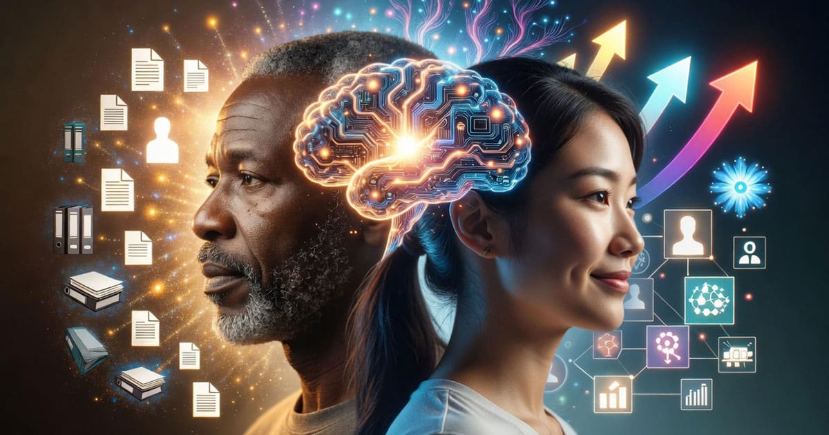 Abstract illustration of diverse small business employees with glowing AI neural networks in their minds, representing personalized AI training, skill growth, and digital transformation for better retention and productivity.