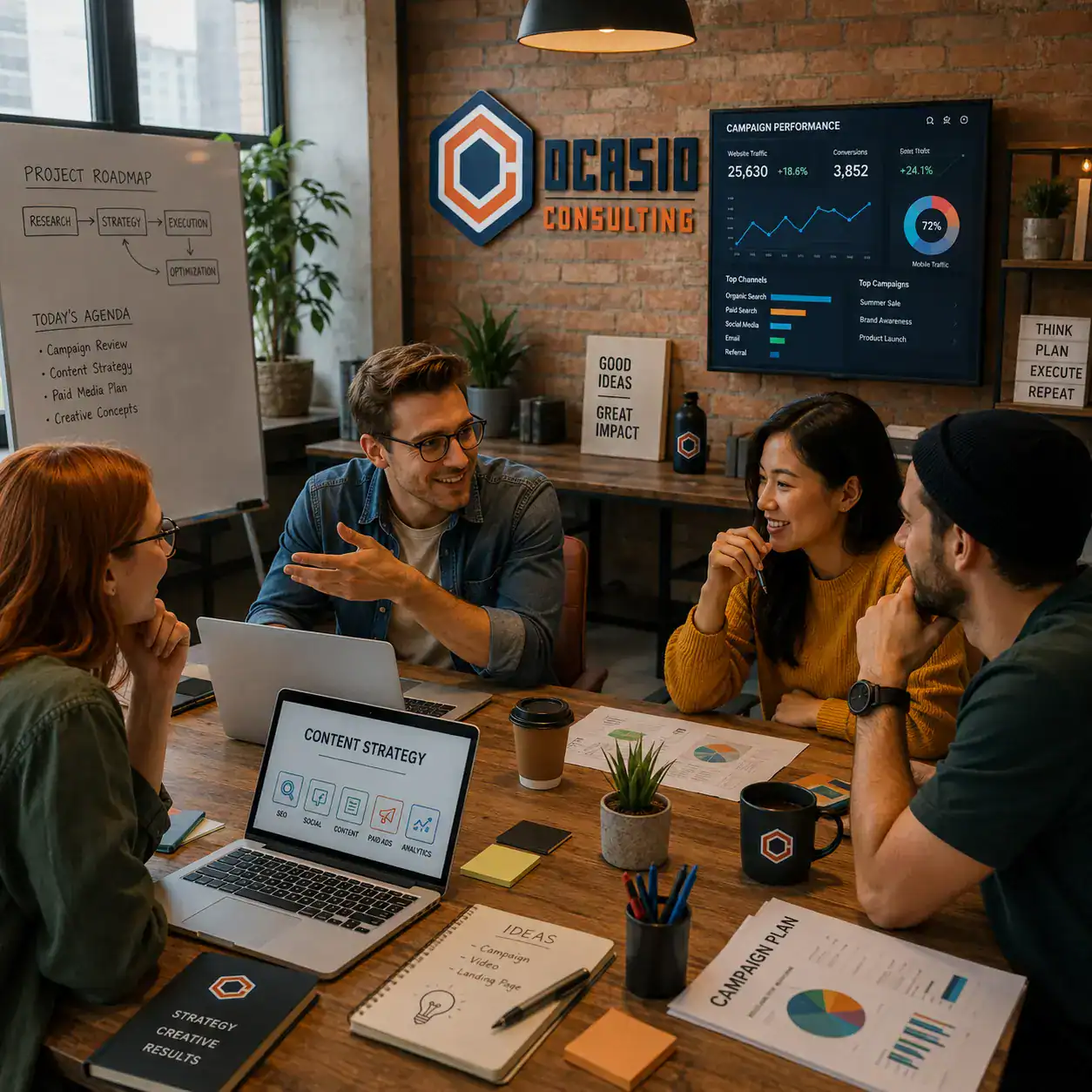 Creative team collaborating during a strategy meeting inside the Ocasio Consulting digital marketing office with branding, analytics dashboards, and modern workspace design.